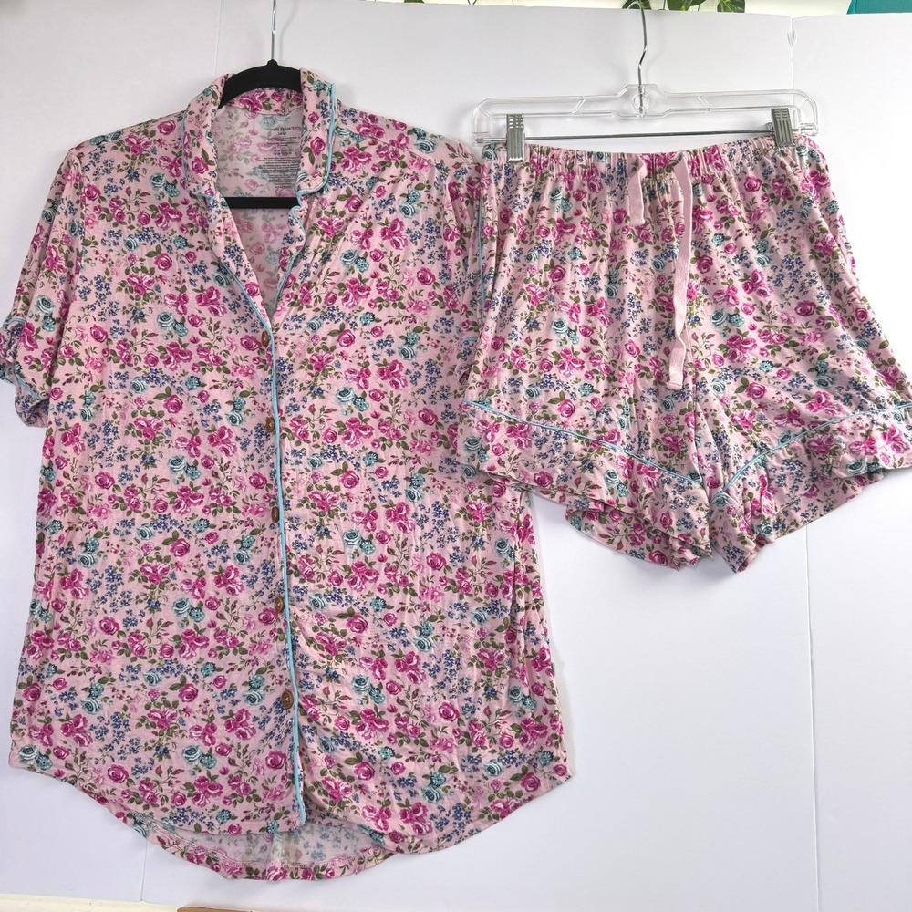 Posh Peanut Pink Floral Bamboo Pajama Set Women Large Short Sleeve Ruffle Shorts